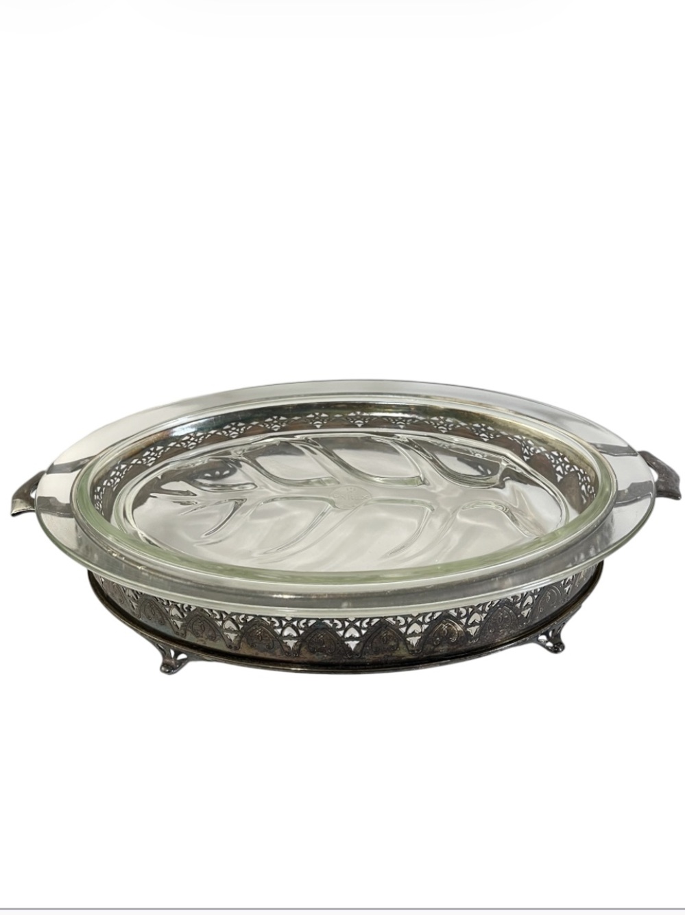 Vintage Pyrex Clear Glass Meat Serving Dish with Silver Plated Footed Stand 372
